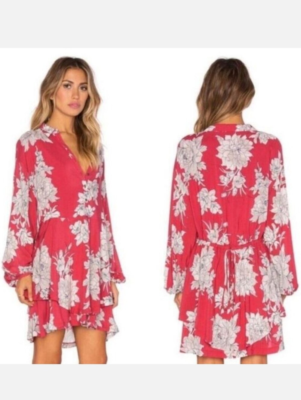 FREE PEOPLE Shake It Boho Gypsy Mini Dress Tunic Pockets Red Floral  EUC Small - Picture 2 of 5